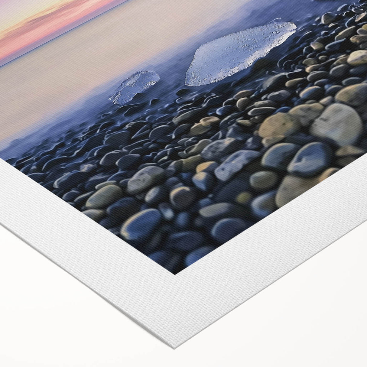 Vibrant rolled canvas art depicting a serene beach landscape with gentle waves and a clear blue sky, ideal for home decor and relaxation themes.