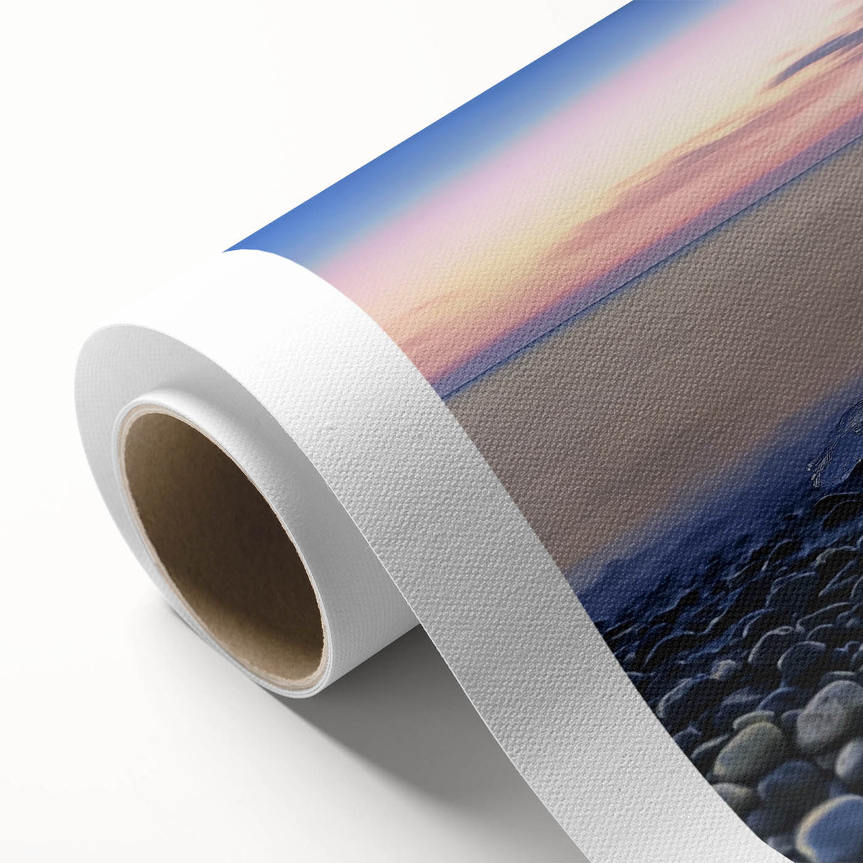 Vibrant rolled canvas artwork showcasing a serene beach landscape, featuring soft blue waves and golden sands, elegantly packaged in a protective cardboard tube.