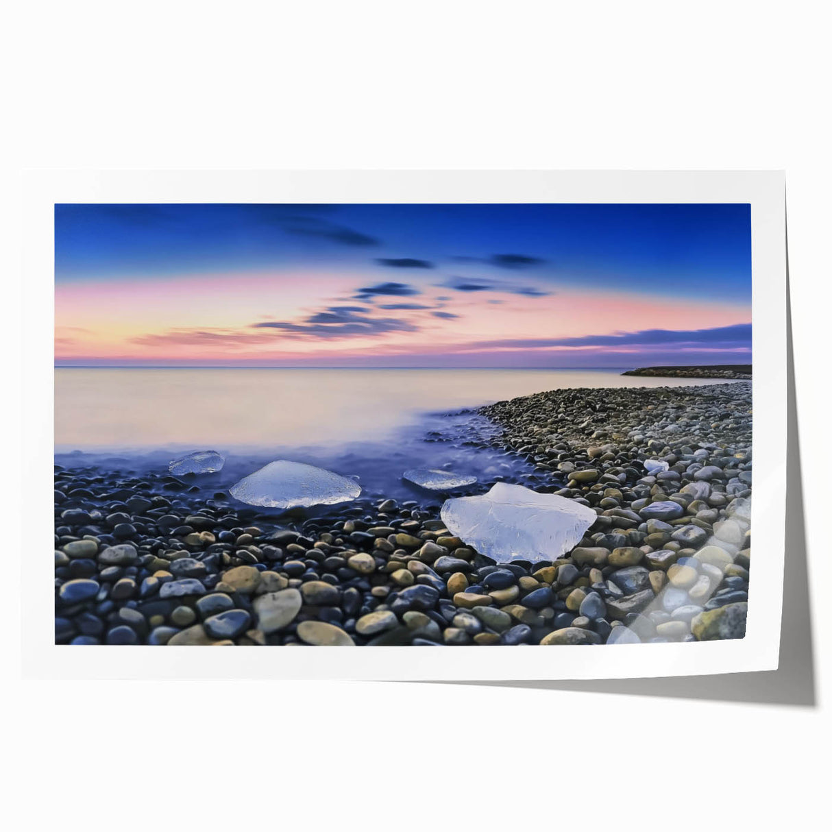 Stunning landscape print of serene beaches, showcasing soft pastel colors and gentle waves, rolled and ready for display in a protective tube. Perfect for coastal decor.