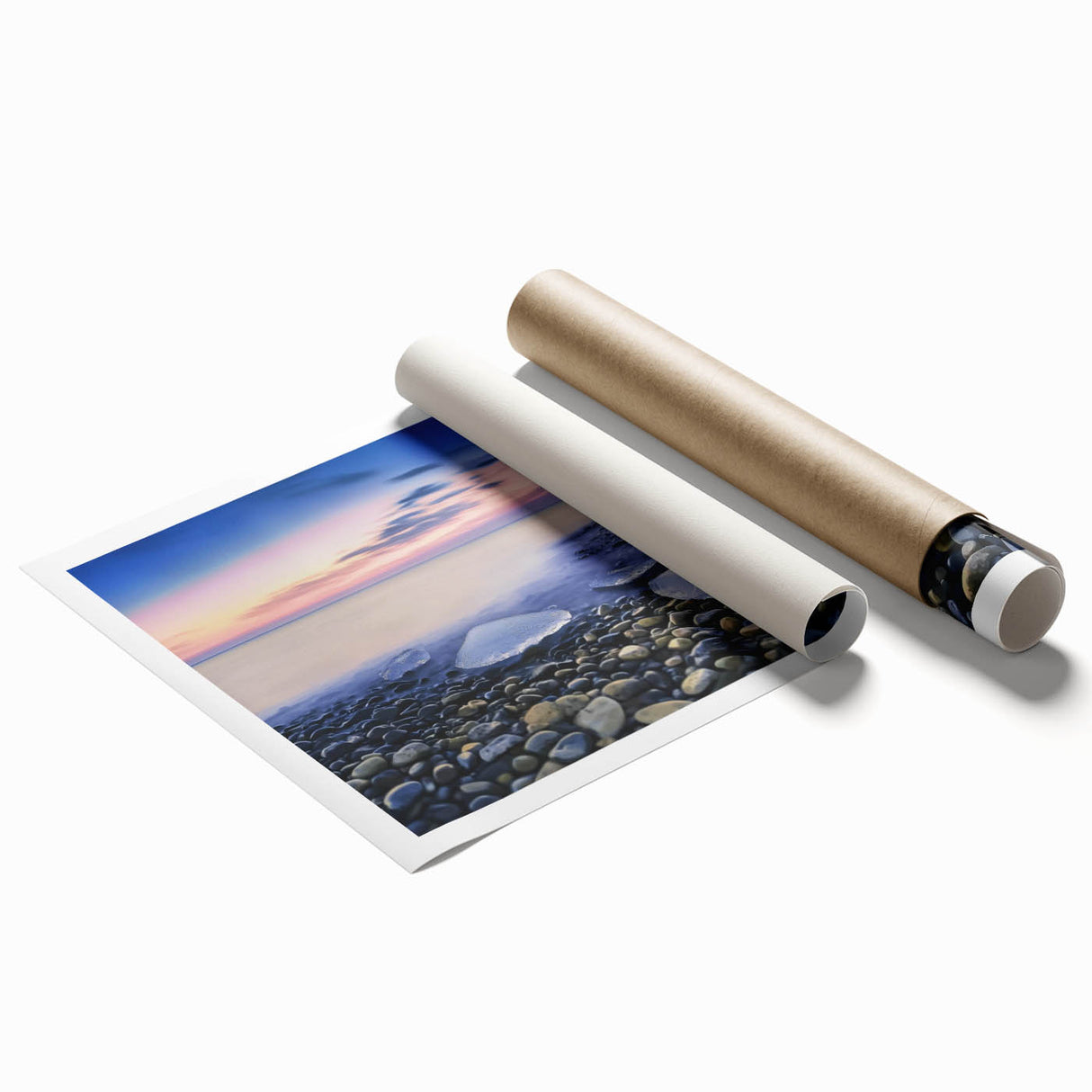 Vibrant landscape print showcasing serene beaches with gentle waves and golden sands, rolled up for easy transport in a protective tube, ideal for home decor.