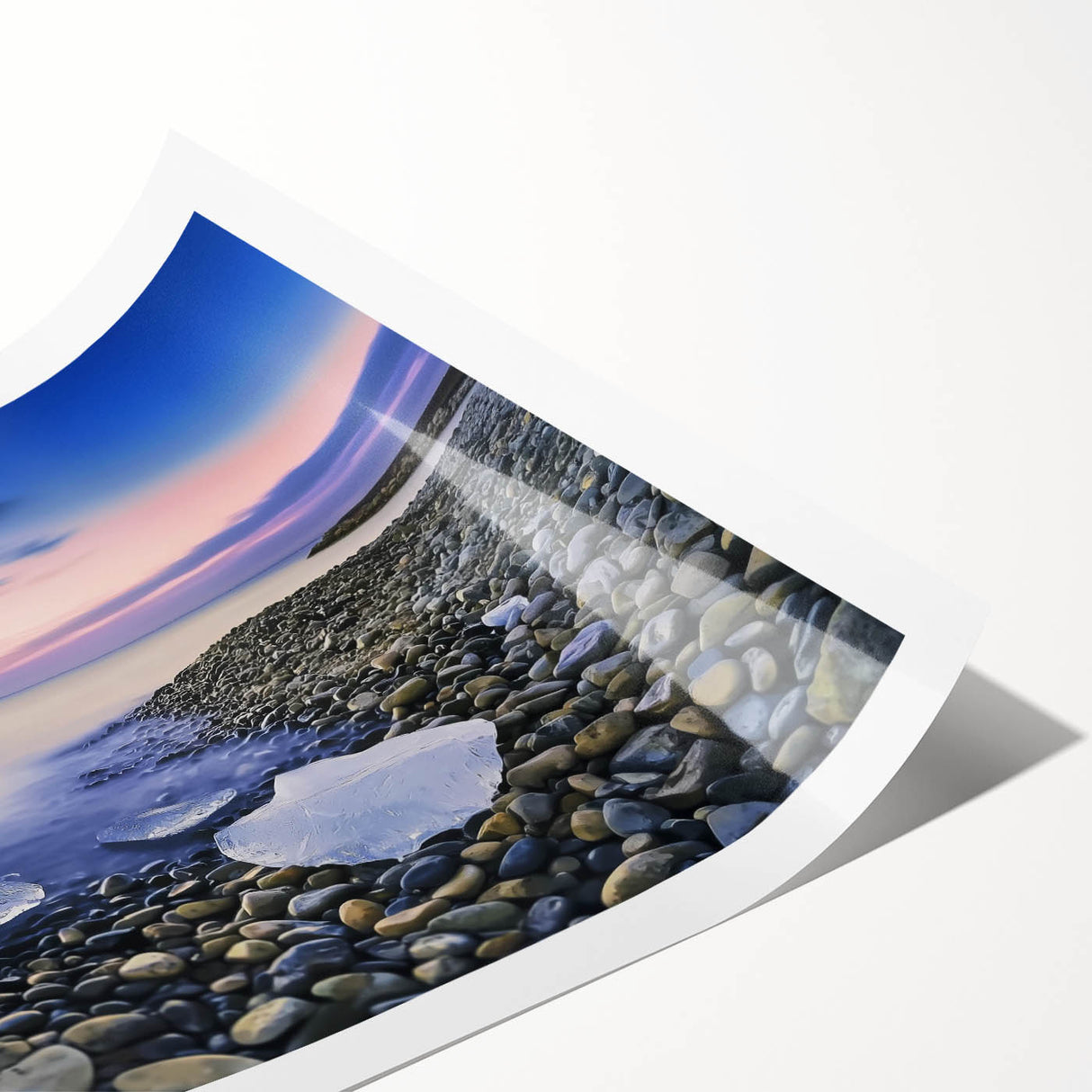 Serene landscape print depicting a tranquil beach scene with gentle waves and golden sand, rolled up for easy shipping in a protective tube. Perfect for coastal decor enthusiasts.