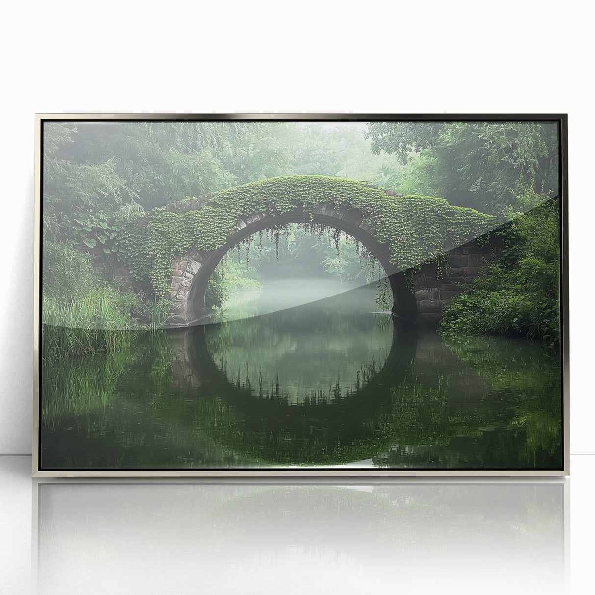 Framed acrylic artwork depicting a serene landscape bridge scene, showcasing vibrant colors and intricate details, ideal for enhancing home decor.