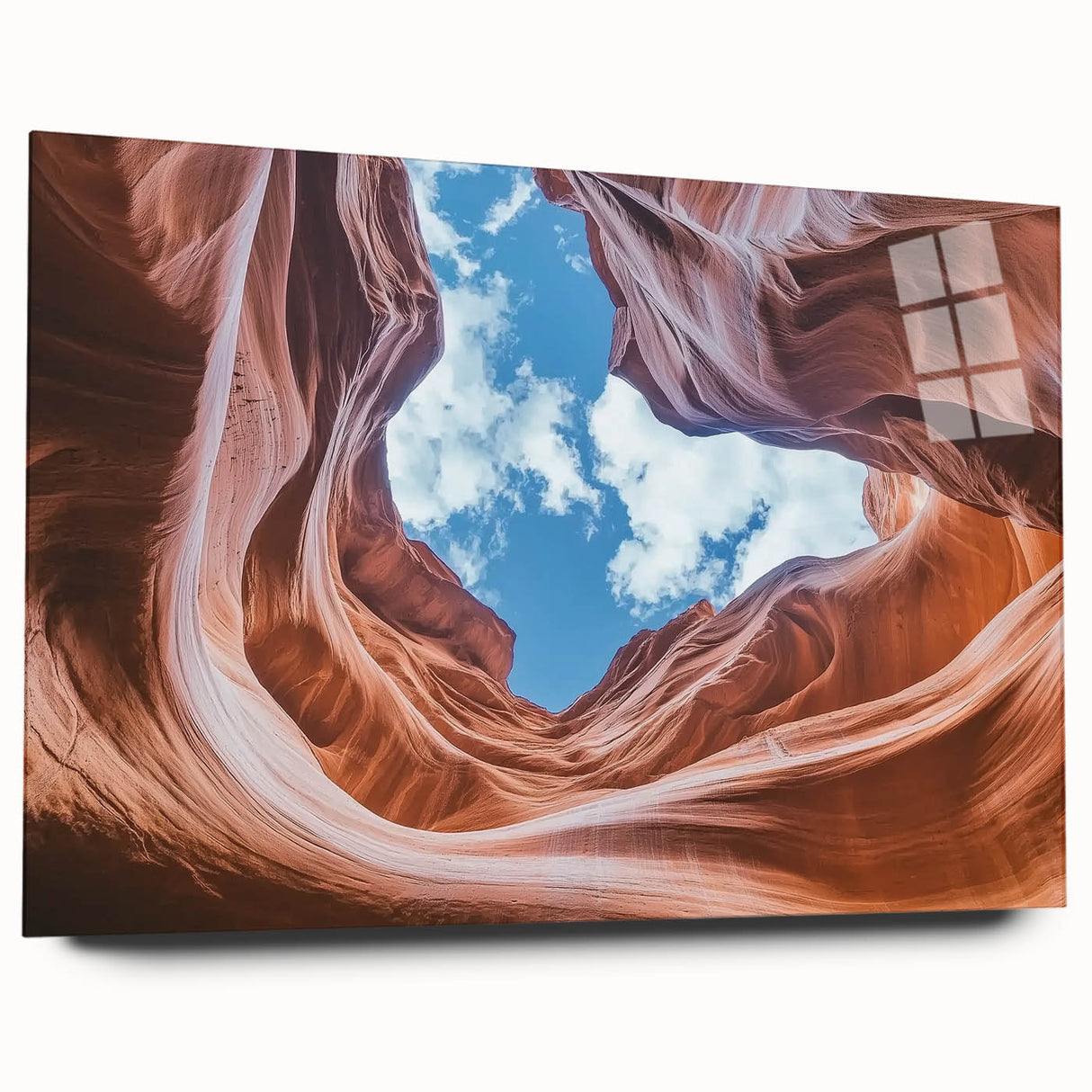 Landscape acrylic artwork showcasing vibrant canyons in rich colors, displayed in a sleek glass frame without pins, ideal for modern home decor.