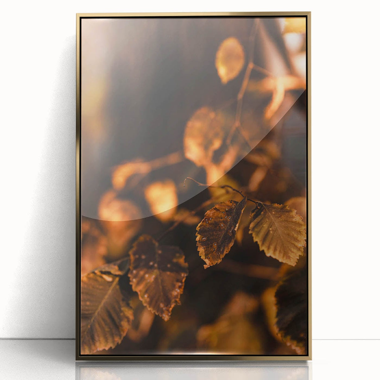 Large art print of a mid-century modernist fall scene in warm gold and brown tones, framed acrylic.