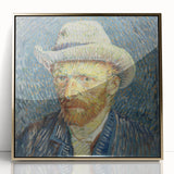 Art Deco style poster of a Van Gogh painting in a gold frame, featuring vibrant blues and yellows.