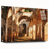 Acrylic glass artwork depicting a scenic landscape with a castle, viewed from the side, mounted with pins for display. The vibrant colors highlight the intricate details of the design, making it a stunning addition to any home decor.