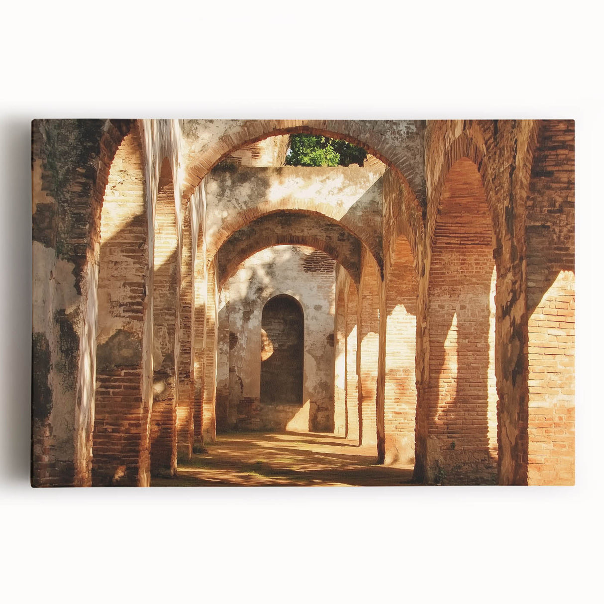 Vibrant stretched canvas artwork depicting a scenic landscape with a majestic castle set against a serene sky, showcasing rich colors and intricate details ideal for home decor.
