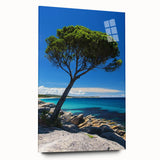 Vibrant acrylic glass artwork showcasing majestic cliffs and landscapes, featuring a side view without pins, perfect for modern home decor and art enthusiasts.