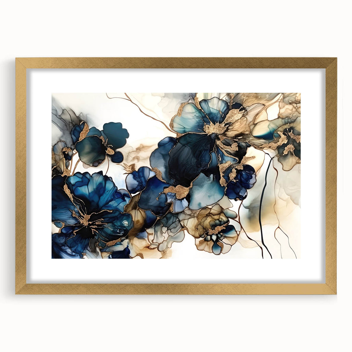 Abstract floral wall art in a gold frame with a white mat, showcasing vibrant colors and intricate designs, perfect for modern home decor and art enthusiasts.