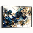 Framed abstract floral wall art in black, showcasing vibrant colors and intricate patterns, perfect for modern home decor. Side view highlights the canvas texture and sleek frame design.