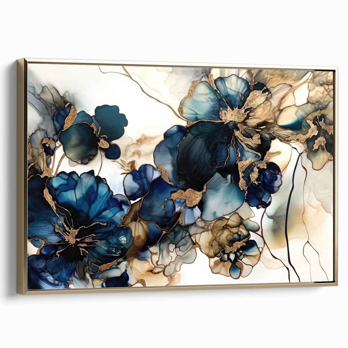 Abstract floral wall art in a gold frame, showcasing vibrant colors and intricate designs, perfect for modern home decor. Side view highlights the canvas texture.
