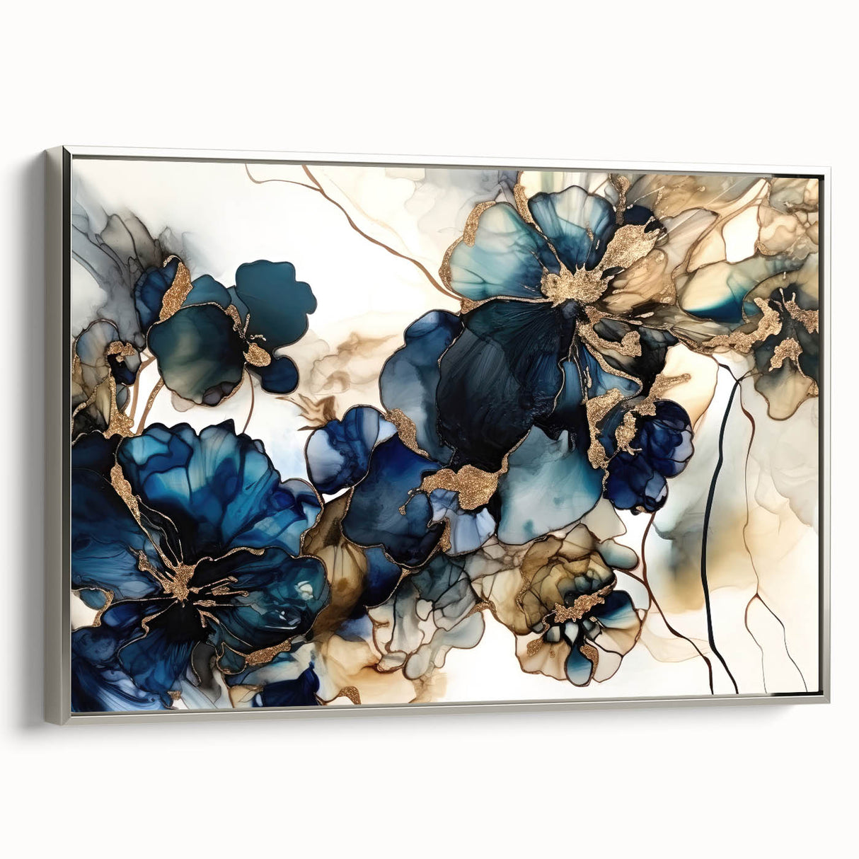 Framed canvas wall art showcasing abstract floral designs in soft pastel colors, presented from a silver side view to highlight its elegant frame and texture.