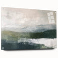 Abstract landscape wall art displayed in acrylic glass, showcasing vibrant colors and intricate designs, secured with decorative pins in a modern setting.