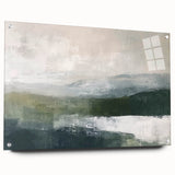 Abstract landscape wall art displayed in acrylic glass, showcasing vibrant colors and intricate designs, secured with decorative pins in a modern setting.