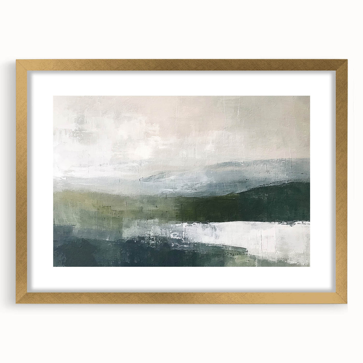 Abstract landscape wall art framed in gold, showcasing vibrant colors and intricate details, perfect for enhancing modern home decor. Features a mat for added elegance.