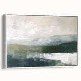 Framed abstract landscape wall art featuring soft pastel colors and fluid shapes, showcasing a serene view, perfect for modern home decor.