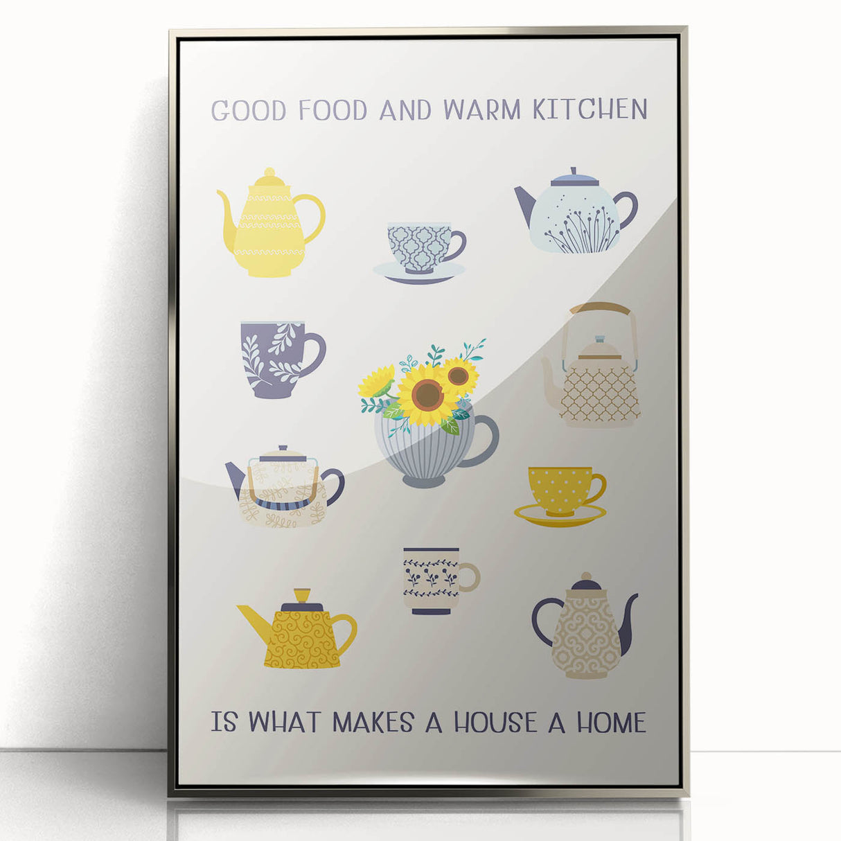 Large art print of assorted fruits in vibrant colors on acrylic, framed in silver, suitable for modern kitchen decor.