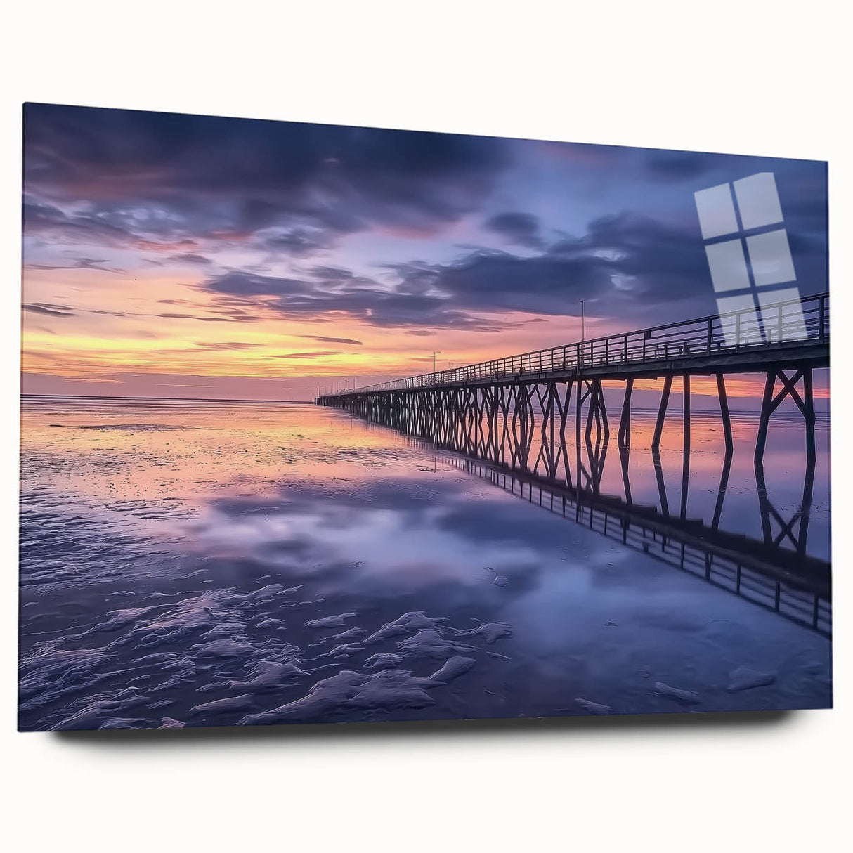 Acrylic glass landscape bridge artwork displayed from a side view, showcasing intricate details and vibrant colors, perfect for modern home decor.