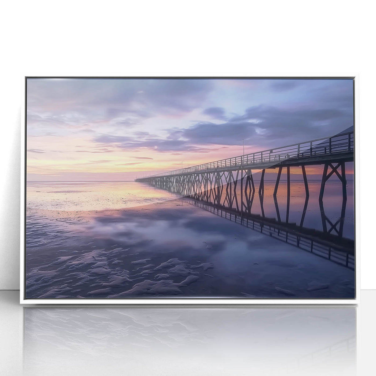 Framed acrylic landscape artwork showcasing a serene white bridge over a tranquil river, surrounded by lush greenery; ideal for home decor and nature enthusiasts.