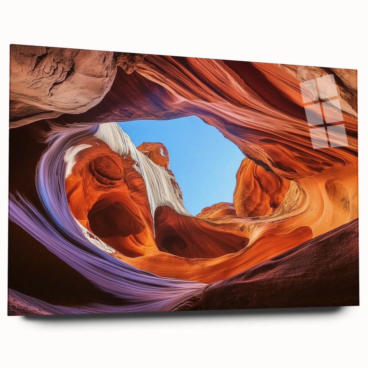 Stunning acrylic glass artwork depicting a vibrant landscape of canyons in rich earthy tones, showcasing intricate details and a side view without pins for a modern finish. Ideal for home decor enthusiasts seeking unique nature-inspired pieces.