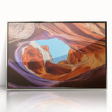 Framed acrylic artwork depicting a stunning landscape of canyons, featuring vibrant colors and intricate details, perfect for enhancing home decor.