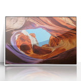 Framed acrylic artwork depicting a stunning landscape of canyons in vibrant colors, showcasing natural beauty and depth, perfect for home decor enhancement.