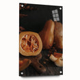 Large abstract wall art in warm autumn hues on acrylic glass, suitable for bedroom or dining room decor.