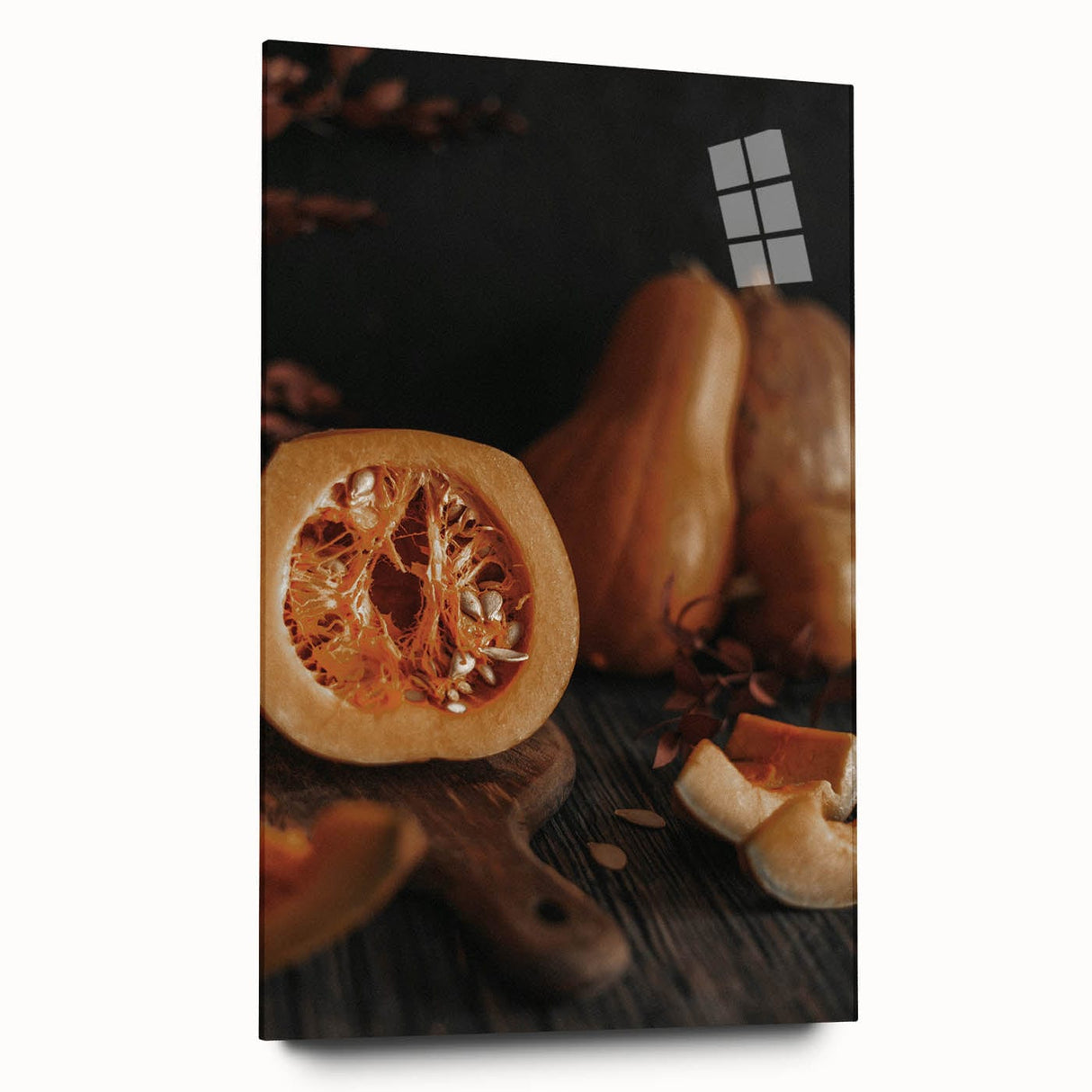 Large abstract wall art in warm autumn hues on acrylic glass, suitable for bedroom or dining room decor.