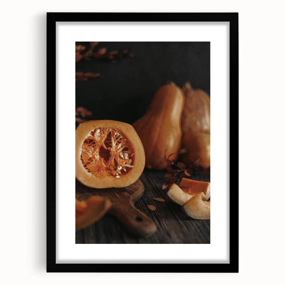 Extra large abstract art print featuring textured, colorful autumnal hues on a framed black canvas.