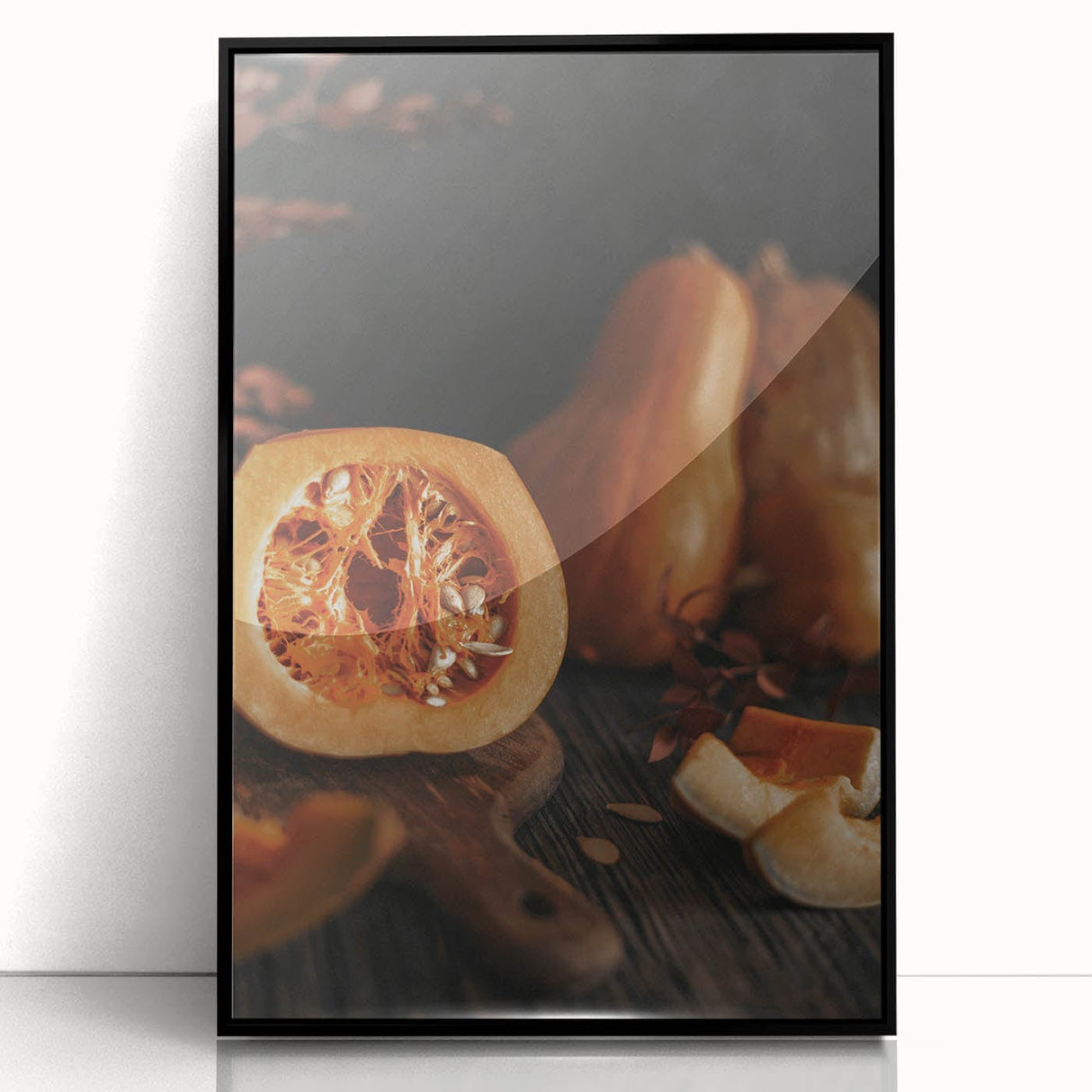 Large abstract wall art depicting autumnal trees in earth tones on a black acrylic frame, suitable for living room decor.