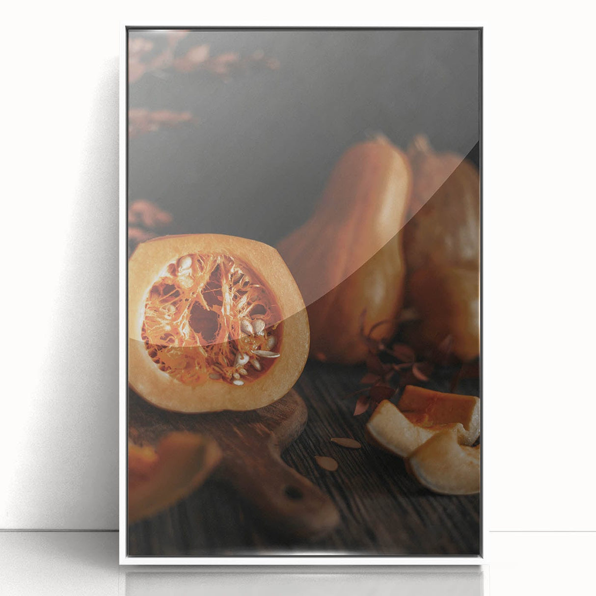 Art deco poster featuring a fall landscape in muted orange and brown tones, acrylic print framed in white.