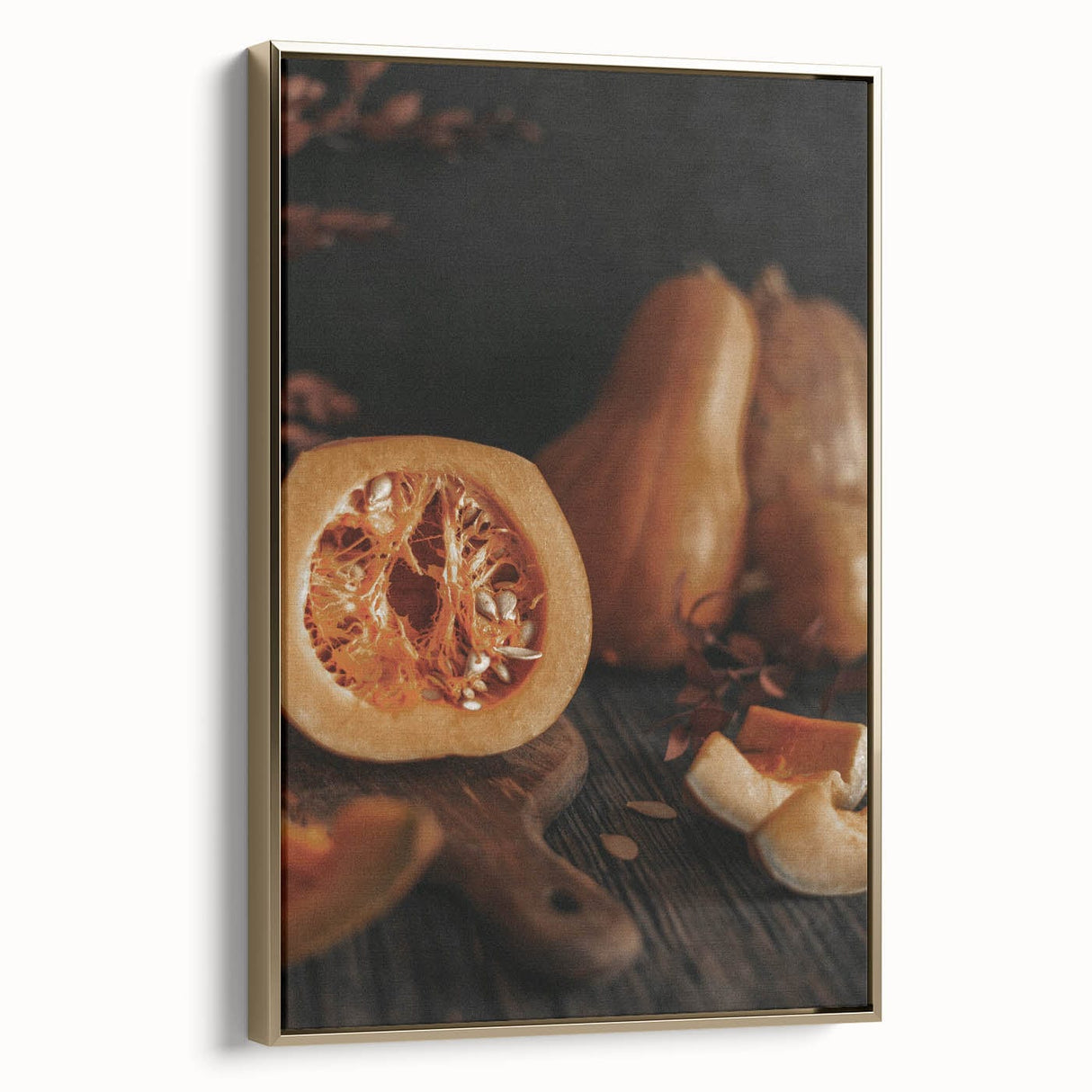 Framed canvas depicting a vintage landscape painting with autumnal trees in gold and black, ideal for bedroom wall decor.