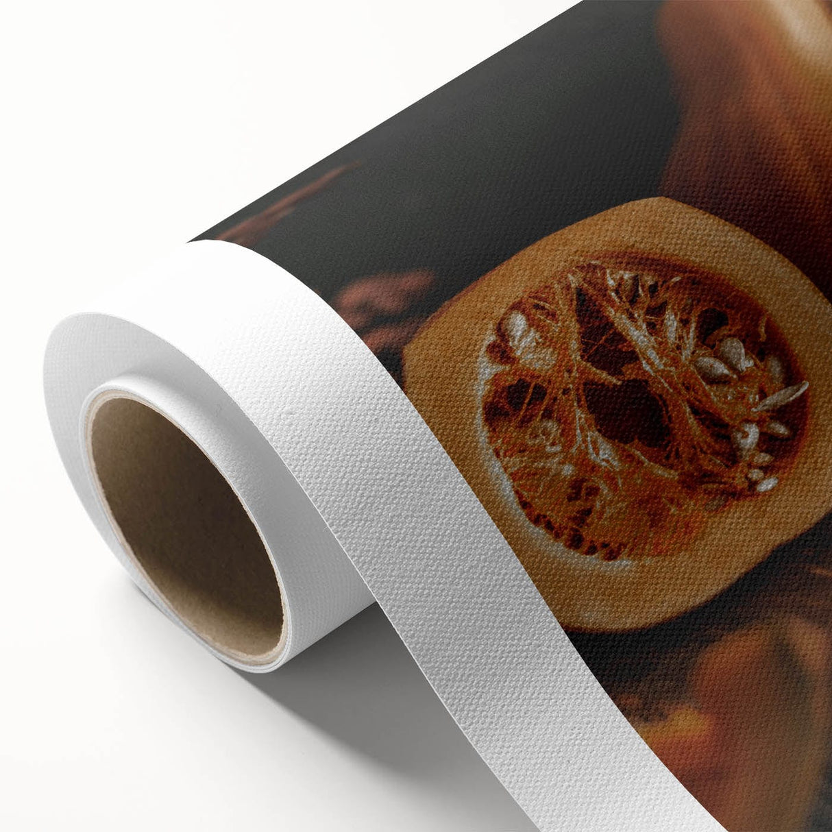 Art deco poster depicting an autumnal forest scene in orange and brown tones on rolled canvas.