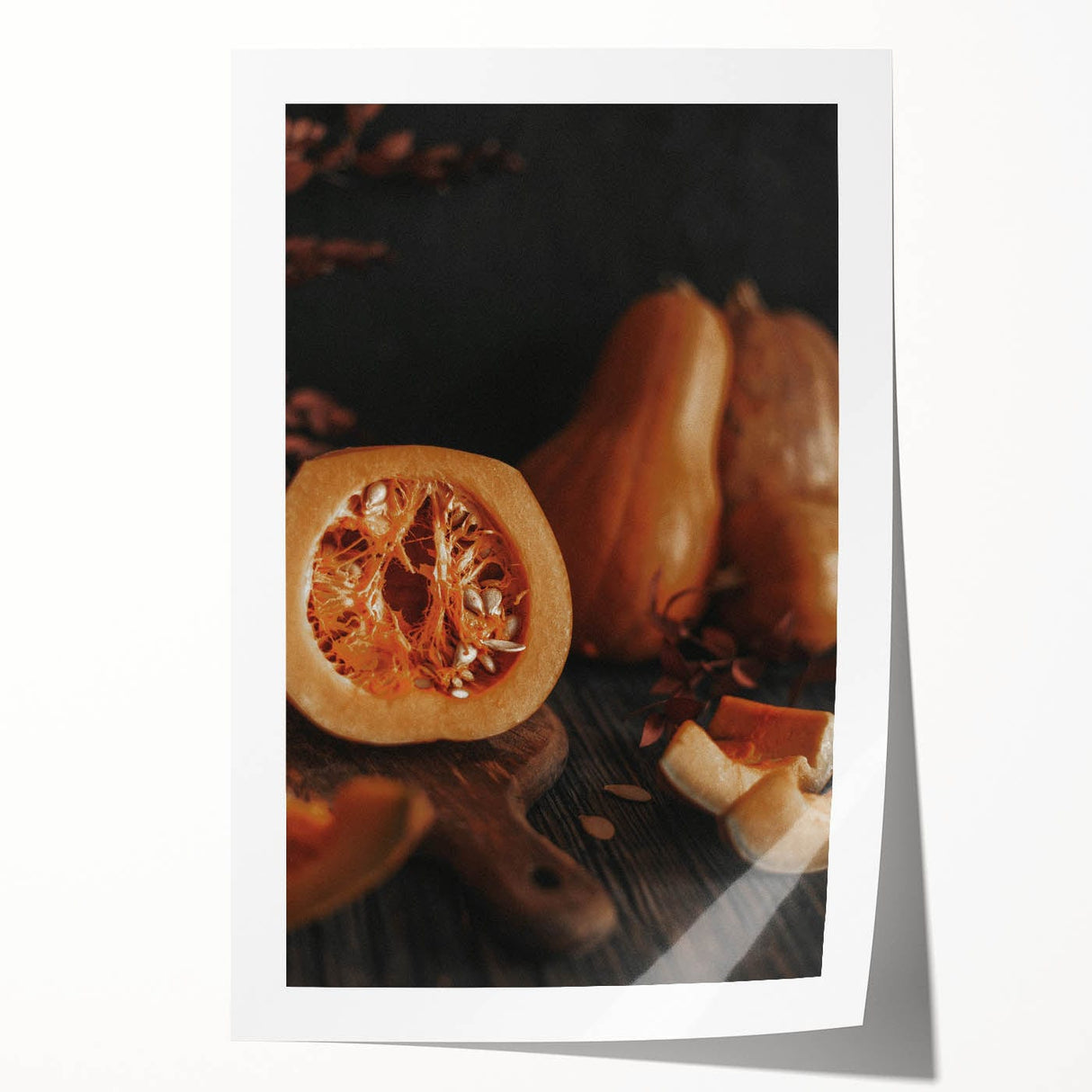 Extra large rolled print featuring a floral autumn scene in warm orange and red tones, ideal for dining room decor.