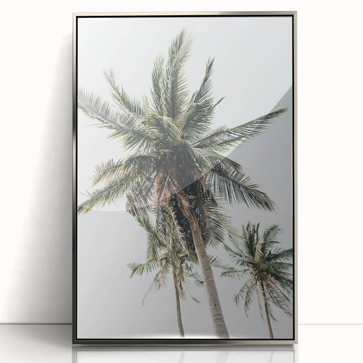 Mid-century modernist art deco poster featuring geometric patterns in pastel colors on a silver-framed acrylic print.
