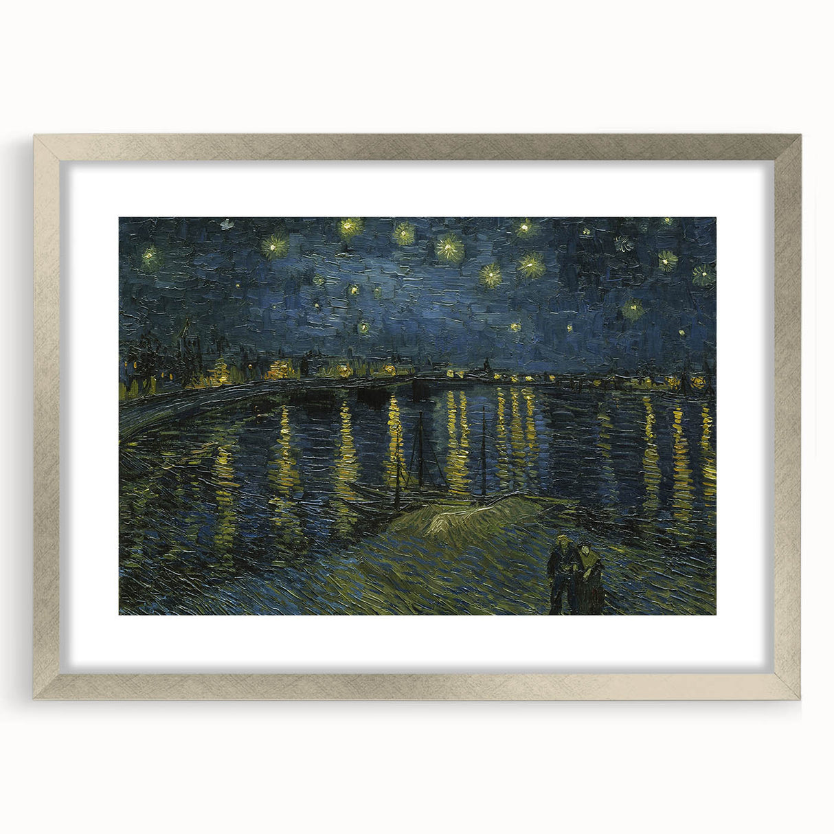 Extra large abstract art print featuring textured swirls in vibrant blue and yellow hues on a silver-framed canvas.