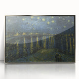 Large art print of Van Gogh-style painting with swirling blue and yellow hues, framed in silver acrylic.