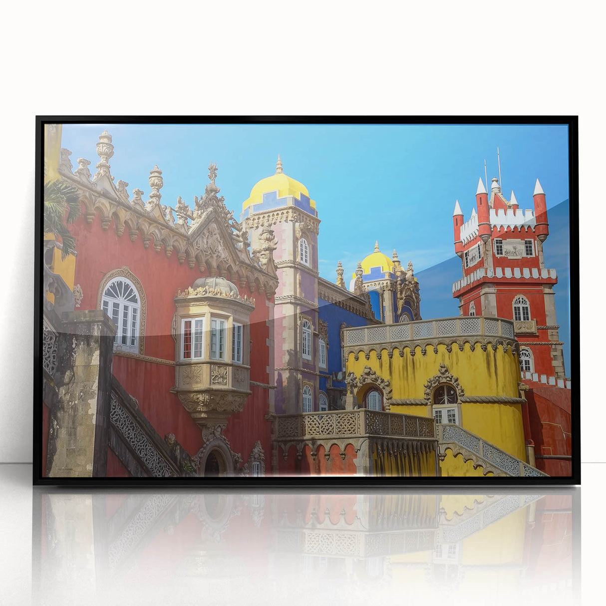 Framed acrylic artwork showcasing a stunning landscape with a castle, featuring a black frame and clear front view, perfect for home decor enthusiasts.
