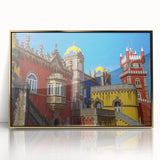 Framed acrylic artwork depicting a scenic landscape with a majestic castle, featuring vibrant colors and a gold frame, ideal for home decor and art lovers.