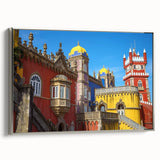 Framed canvas artwork depicting a scenic landscape with a castle, accented with a silver frame. Ideal for home decor, adding elegance and charm to any room.