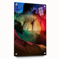Acrylic landscape art piece showcasing vibrant cave scenery, displayed from a side view with decorative pins holding it in place, ideal for modern decor.