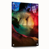 Acrylic landscape art piece showcasing vibrant cave scenery, displayed from a side view with decorative pins holding it in place, ideal for modern decor.
