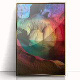 Framed acrylic artwork showcasing a vibrant cave landscape design with gold accents, ideal for home decor, featuring intricate details and a sleek modern frame.