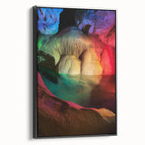 Framed canvas artwork depicting a serene landscape with caves, featuring a sleek black frame. Ideal for enhancing modern home decor and adding depth to interior spaces.
