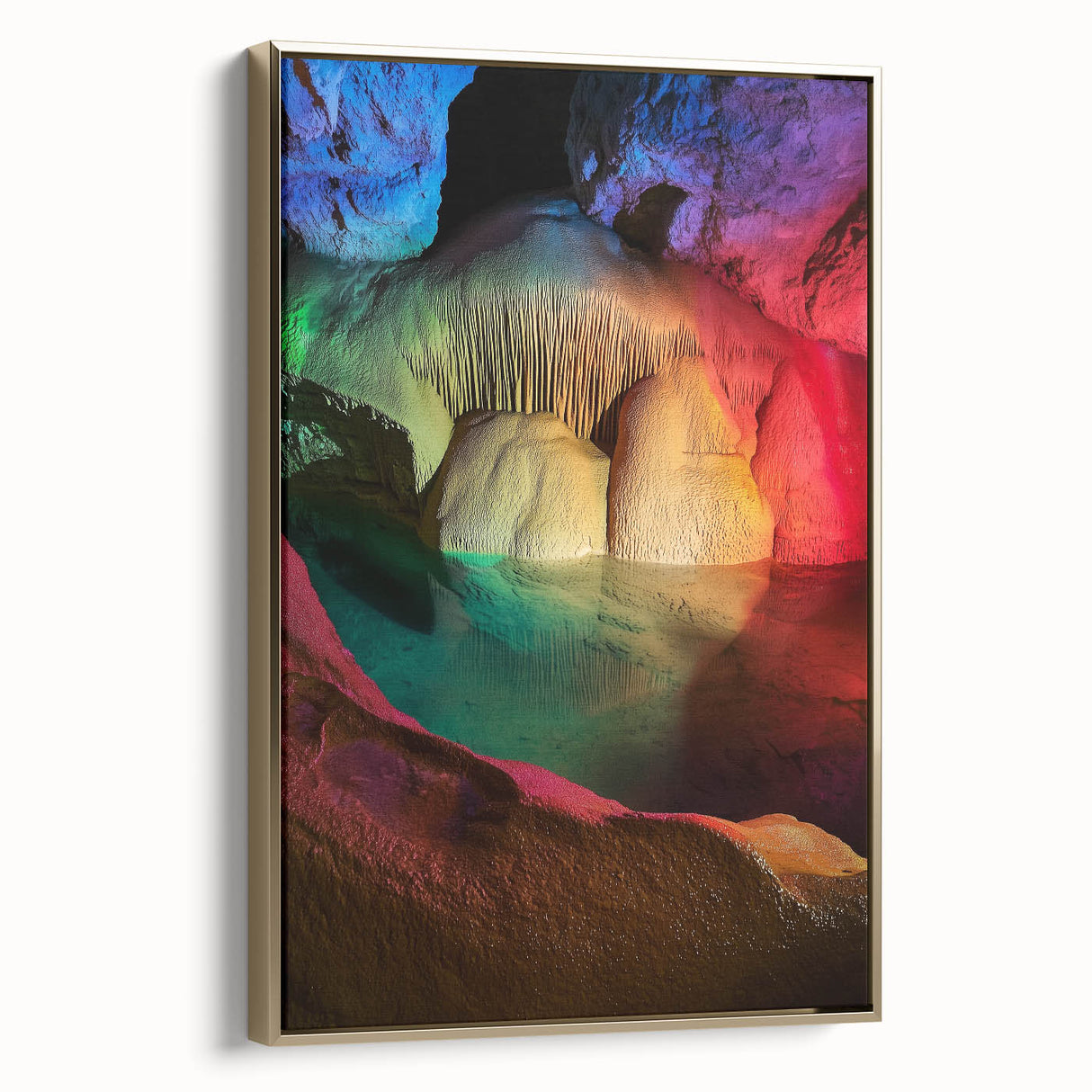 Framed canvas artwork depicting a stunning landscape with caves, featuring rich earthy tones and a gold frame, ideal for enhancing modern home decor.