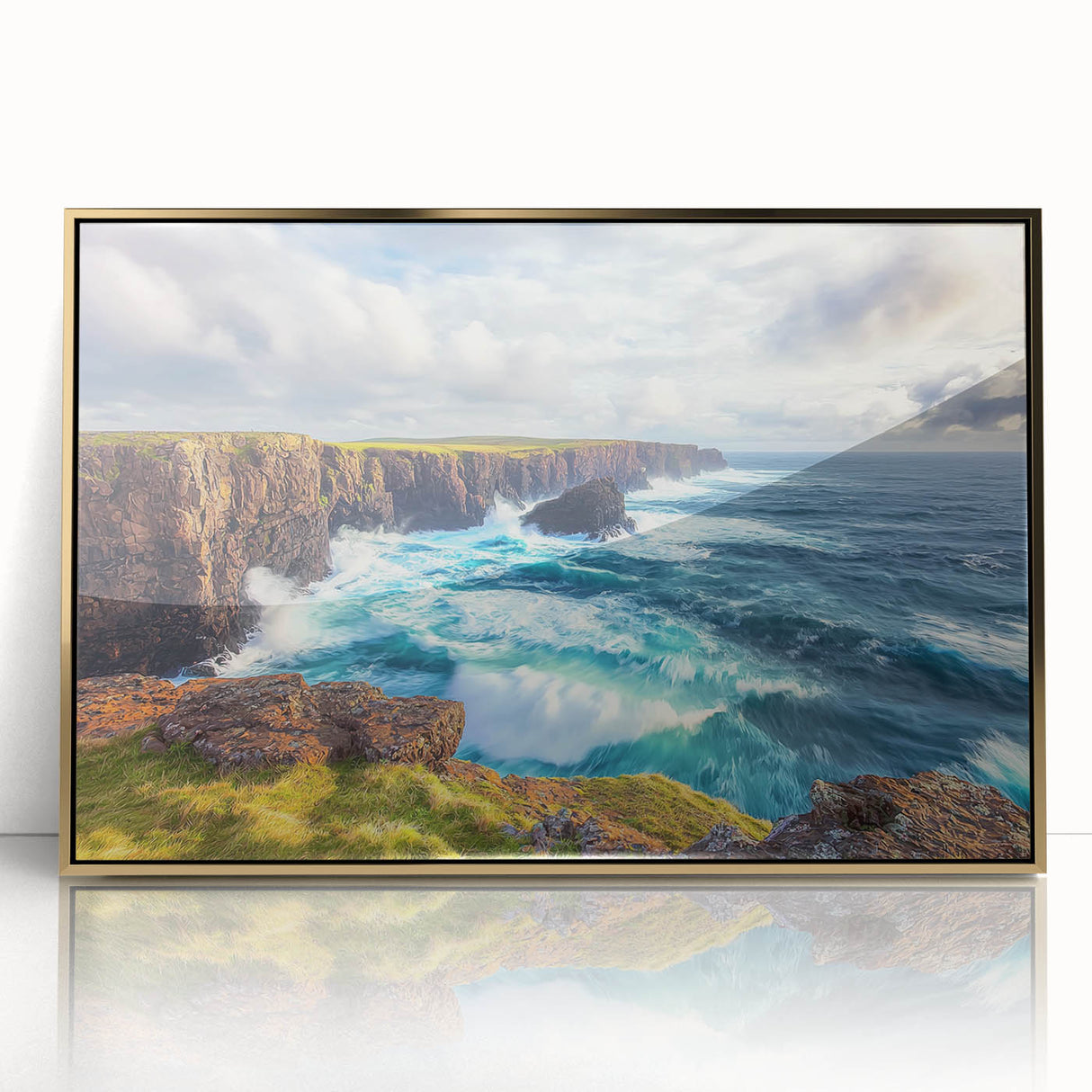 Framed acrylic artwork showcasing a stunning landscape of rugged cliffs with golden accents, ideal for modern home decor. Perfect for adding elegance to any room.