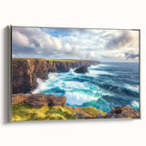 Framed canvas artwork depicting dramatic cliffs in a serene landscape, featuring a silver frame that enhances its elegance, perfect for home decor.