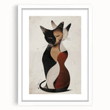 Abstract figurative artwork framed in a sleek white mat, showcasing vibrant colors and dynamic shapes, ideal for modern home decor or gallery displays.
