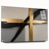 Abstract geometric design on a transparent acrylic glass panel, showcasing vibrant colors and sharp angles, ideal for modern home decor. The side view highlights the sleek pins used for mounting, emphasizing its contemporary aesthetic appeal.