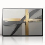 Abstract geometric framed acrylic art piece showcasing bold black shapes and intricate patterns, perfect for modern home decor. Ideal for enhancing contemporary interiors.